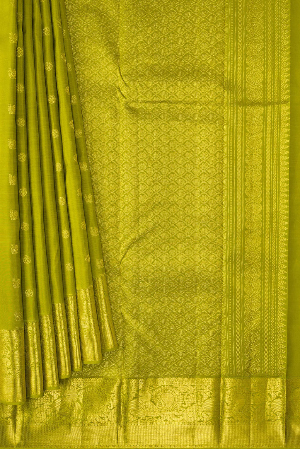 Pleats and pallu of Parrot Green Dual Tone Kanjivaram Silk Saree with Zari Butta on the body and Zari Border. 