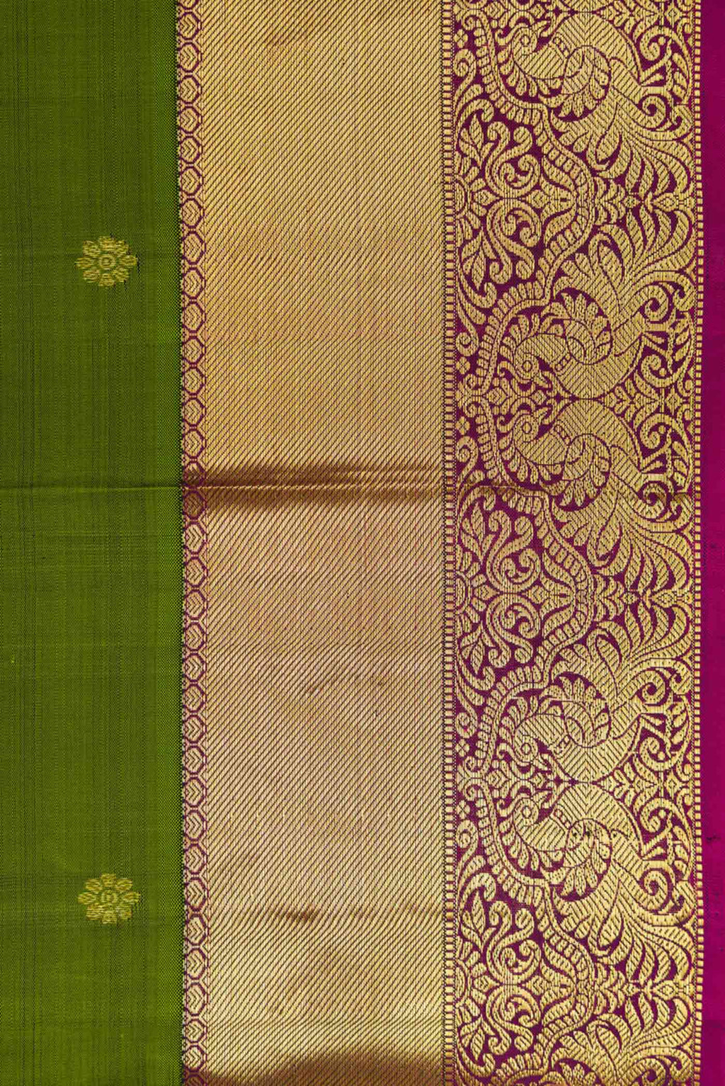 Border image of Mehandi Green Dual Tone Kanjivaram Silk Saree with Zari Butta on the body and Zari Border. 