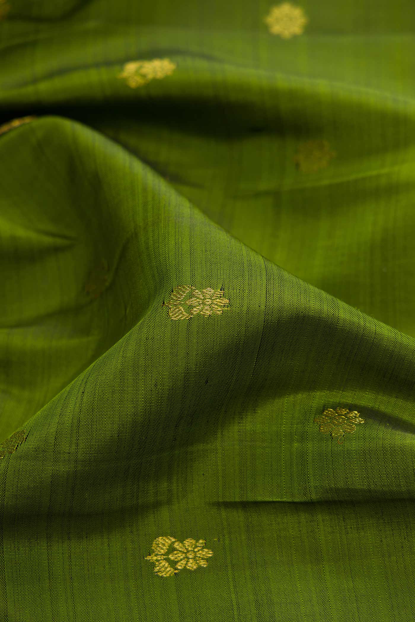 Close up of Mehandi Green Dual Tone Kanjivaram Silk Saree with Zari Butta on the body and Zari Border.  displaying folds