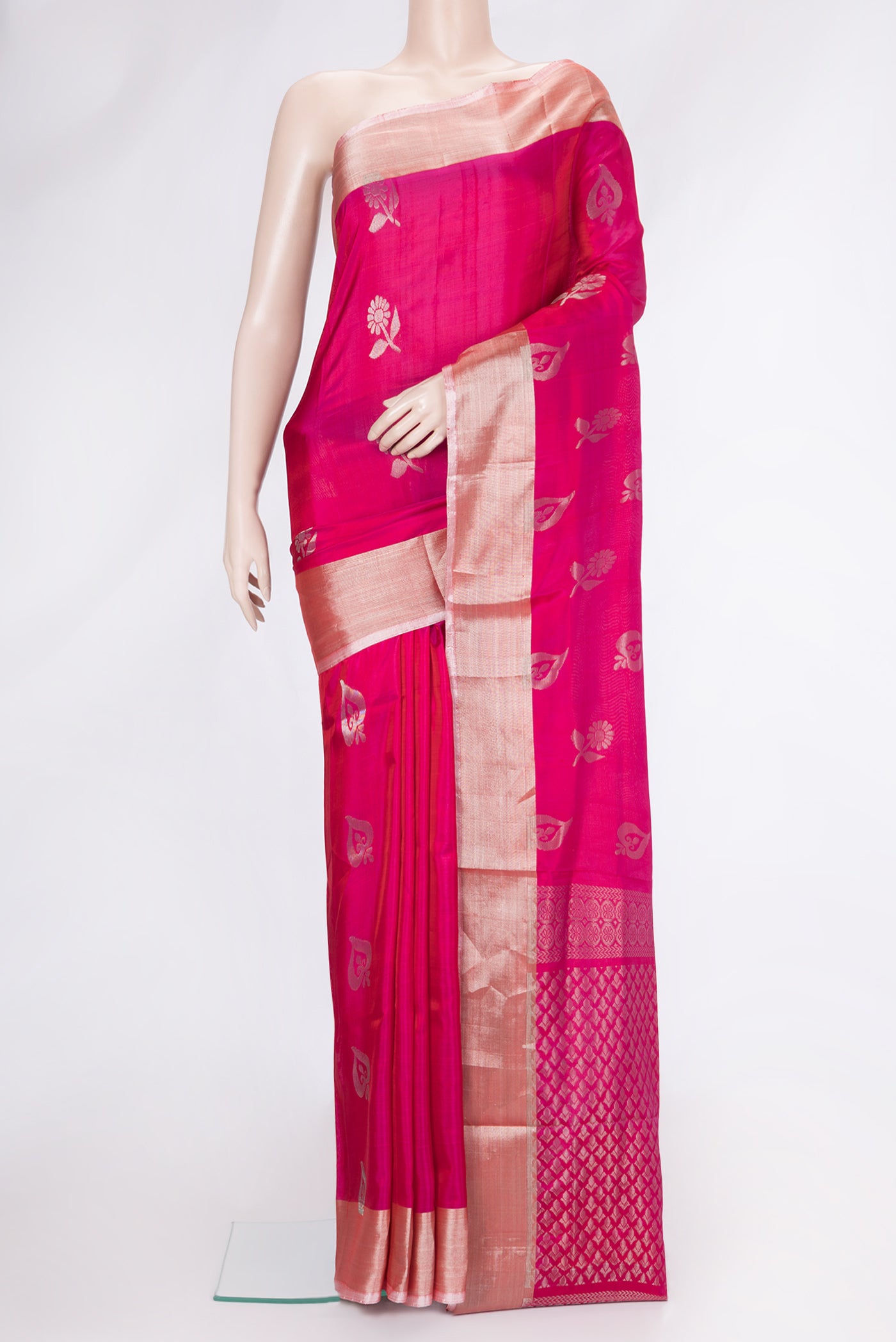 Pink Dual Tone Uppada Silk Saree with Zari Butta on the body and Zari Border.  displayed on a mannequin