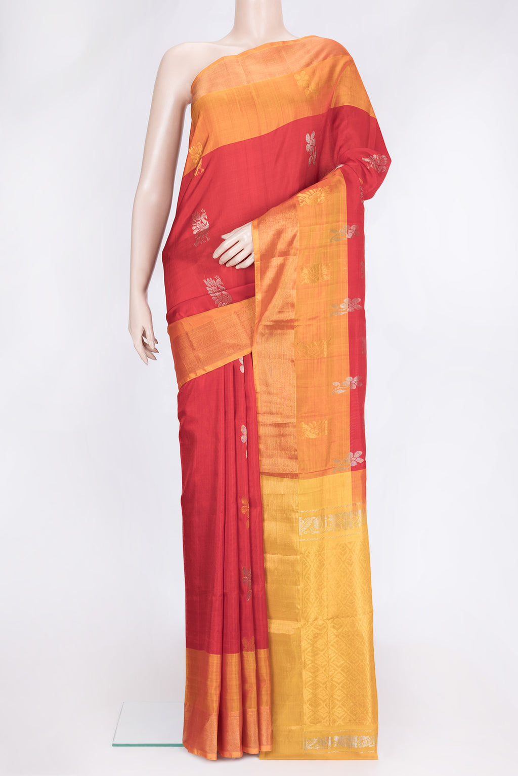 Red Dual Tone Uppada Silk Saree with Zari Butta on the body and Fancy Border.  displayed on a mannequin