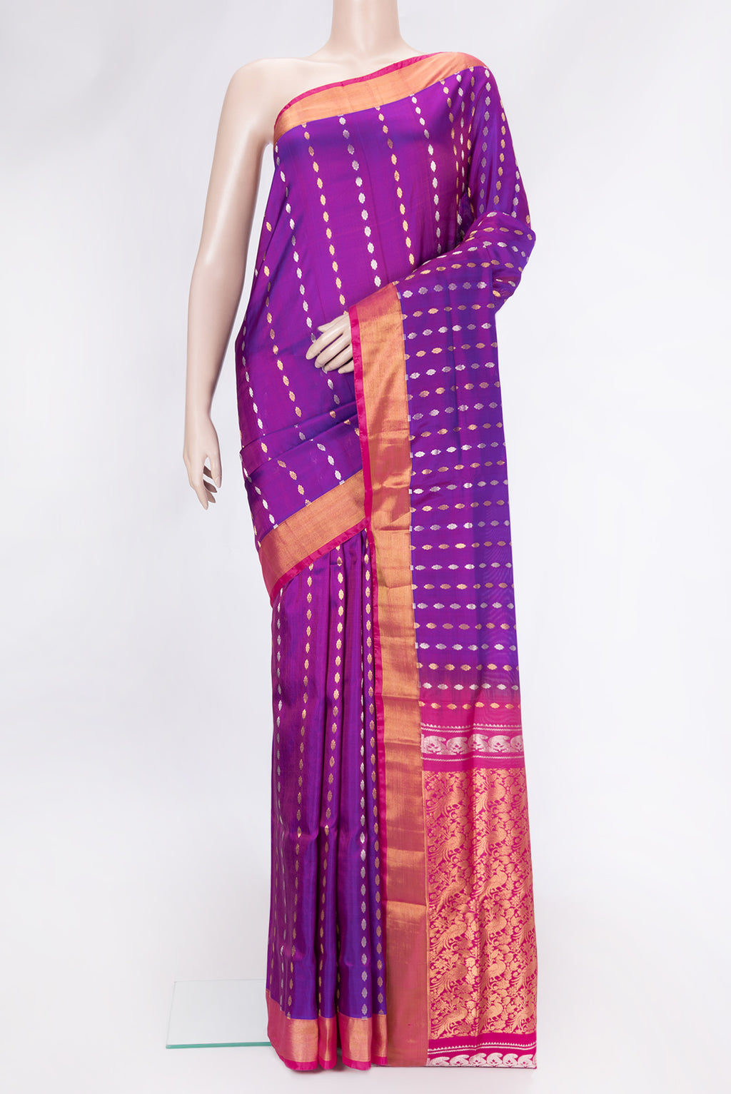 Peacock Blue Dual Tone Uppada Silk Saree with Zari Butta on the body and Zari Border.  displayed on a mannequin