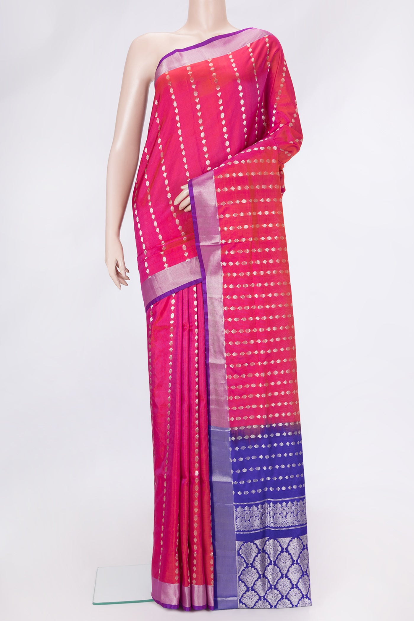 Pink Dual Tone Uppada Silk Saree with Zari Butta on the body and Zari Border.  displayed on a mannequin