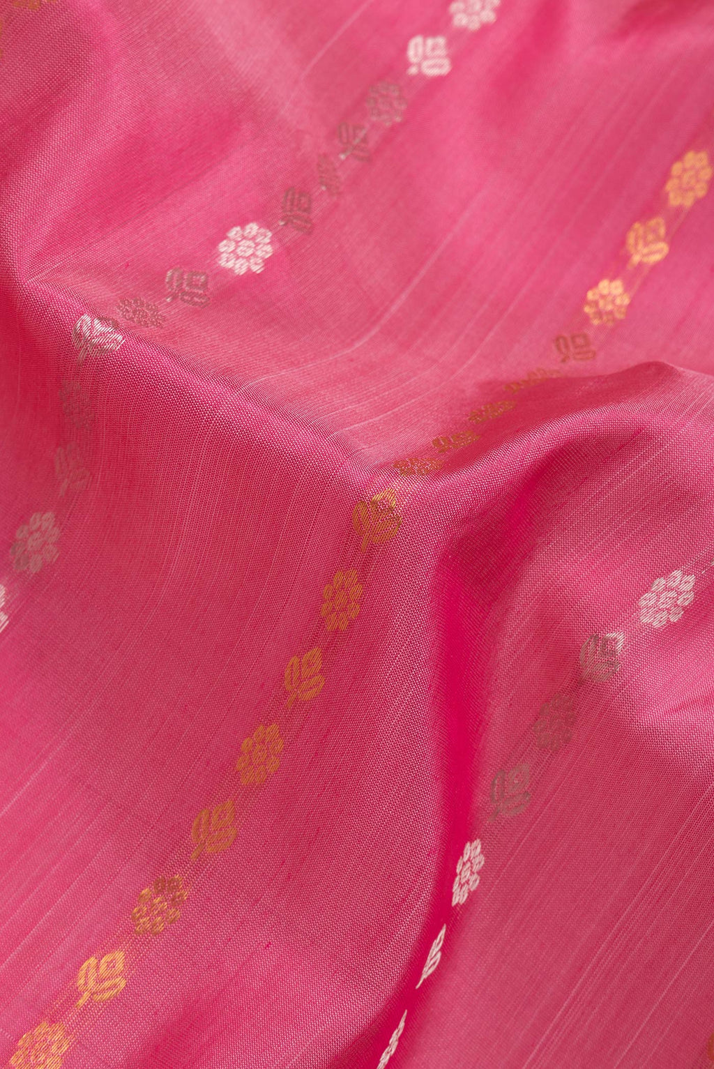 Close up of Pink Dual Tone Uppada Silk Saree with Zari Butta on the body and Zari Border.  displaying folds