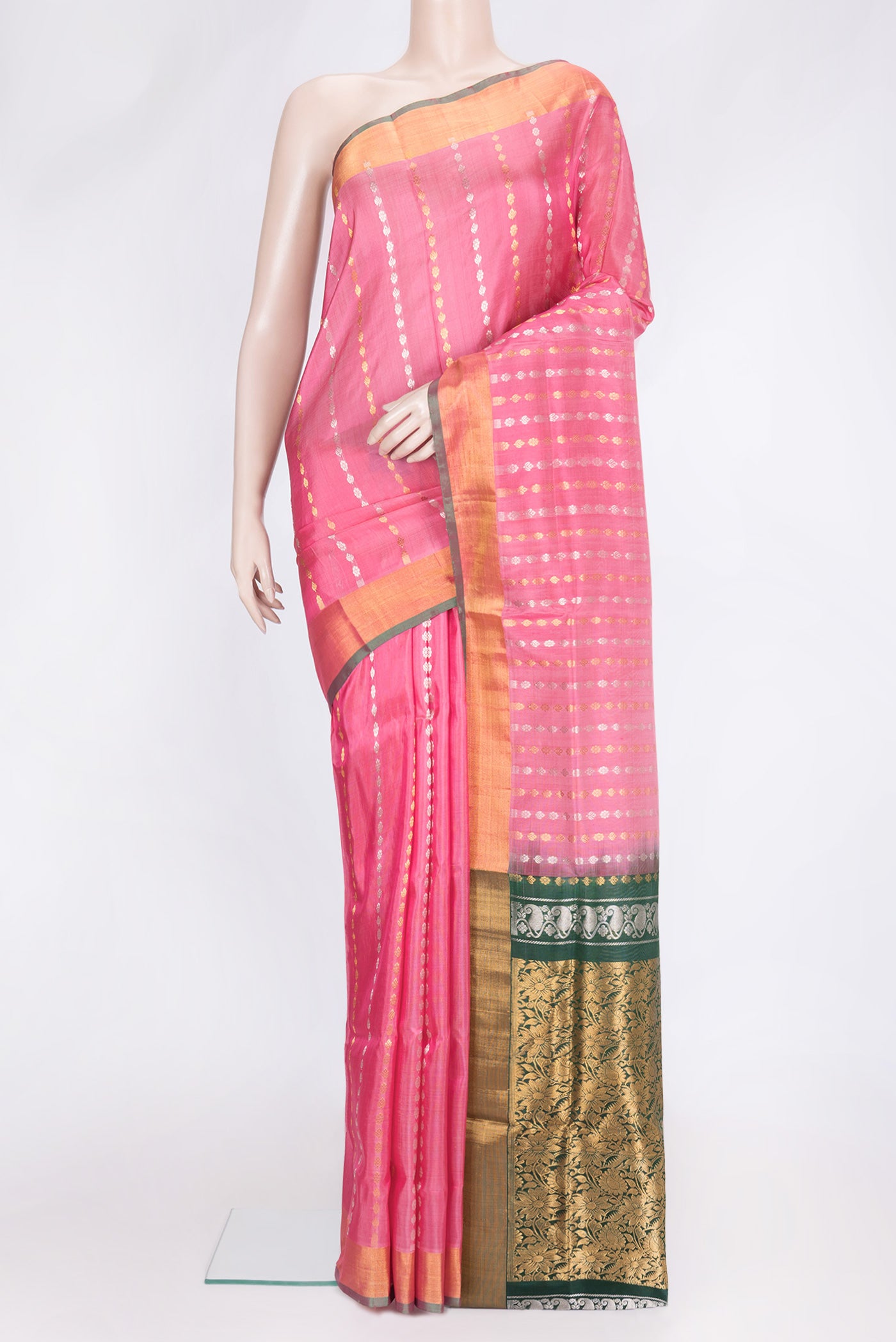 Pink Dual Tone Uppada Silk Saree with Zari Butta on the body and Zari Border.  displayed on a mannequin