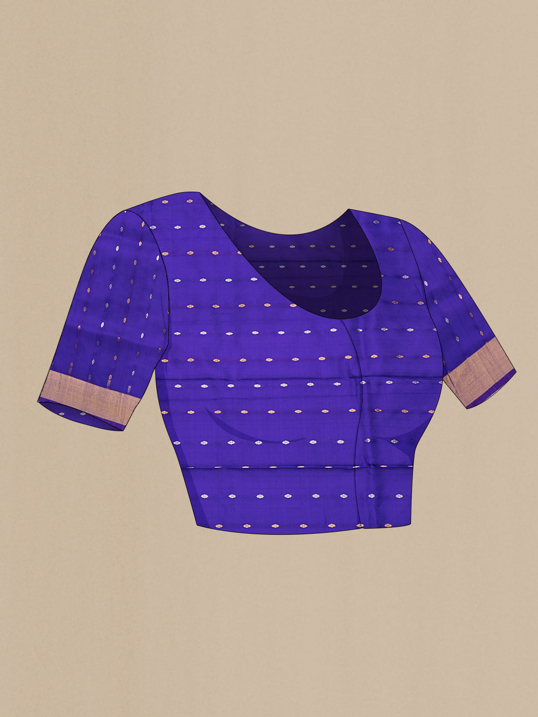 Close up image of the blouse of Peacock Blue Dual Tone Uppada Silk Saree with Zari Butta on the body and Zari Border. 