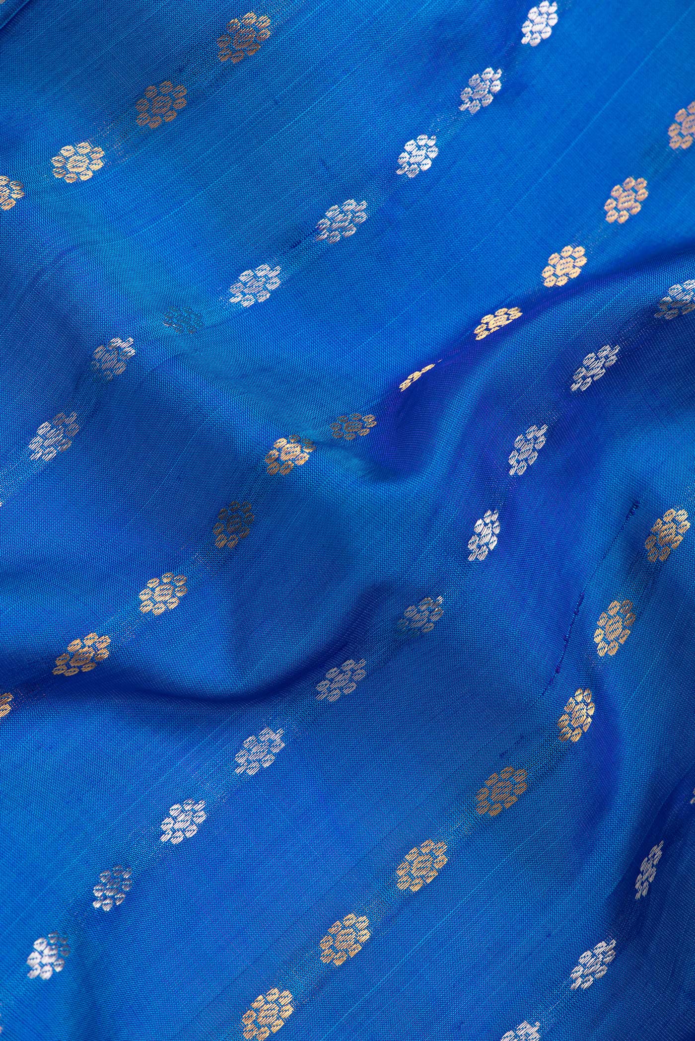 Close up of Peacock Blue Dual Tone Uppada Silk Saree with Zari Butta on the body and Zari Border.  displaying folds
