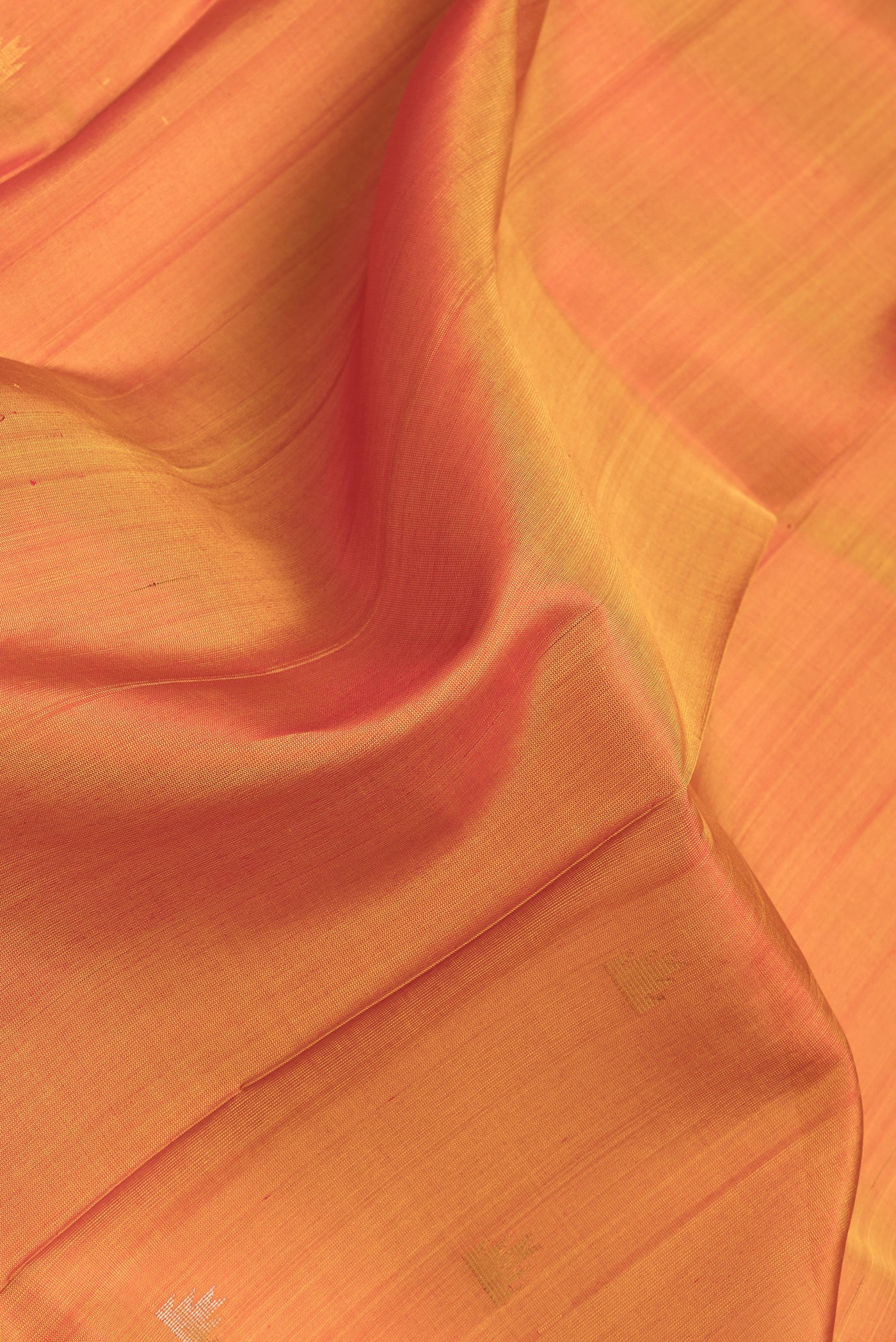 Close up of Mustard Dual Tone Uppada Silk Saree with Zari Butta on the body and Temple Border.  displaying folds