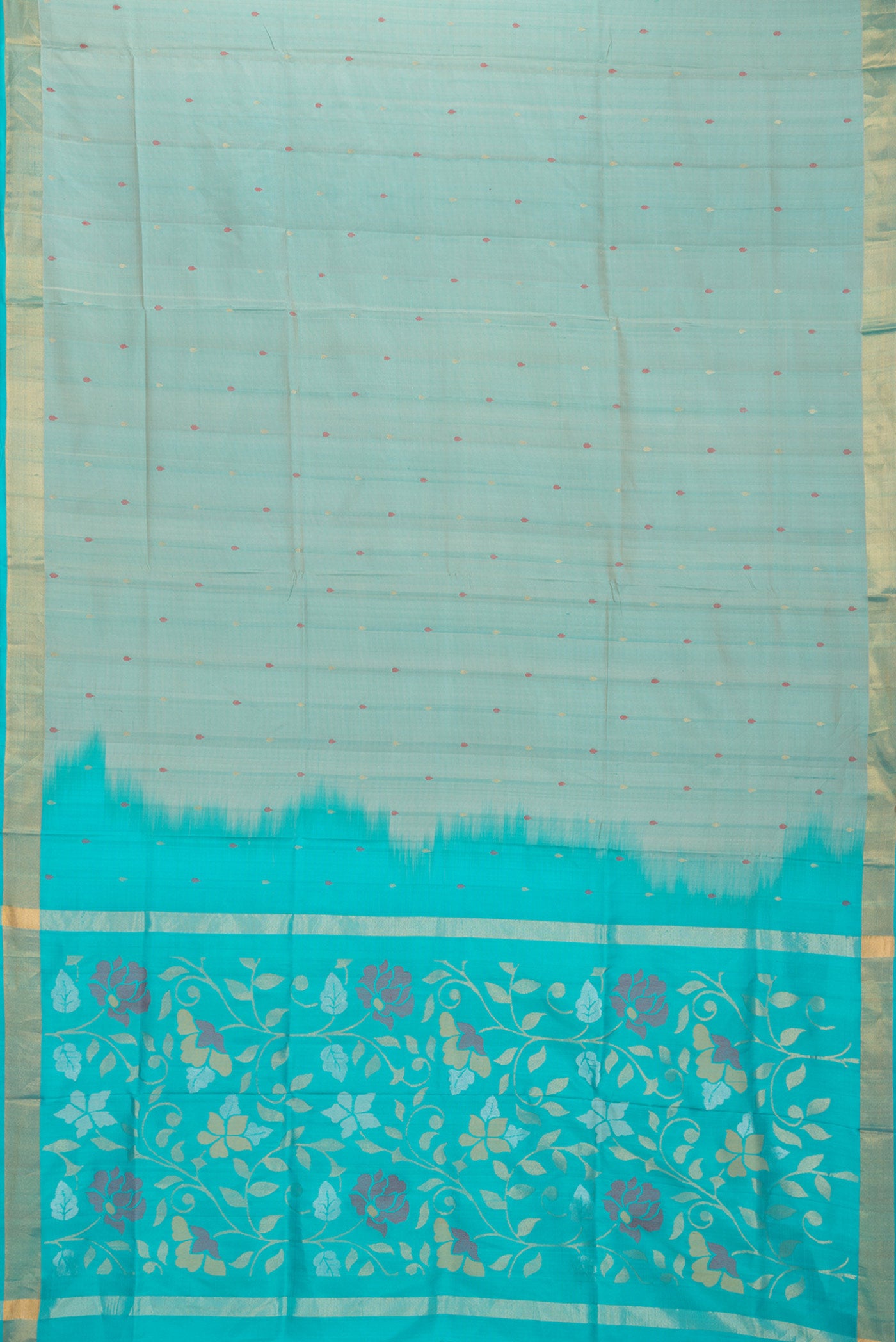 Flat view of Sea Green Dual Tone Uppada Silk Saree with Zari And Thread Butta on the body and Zari Border. 