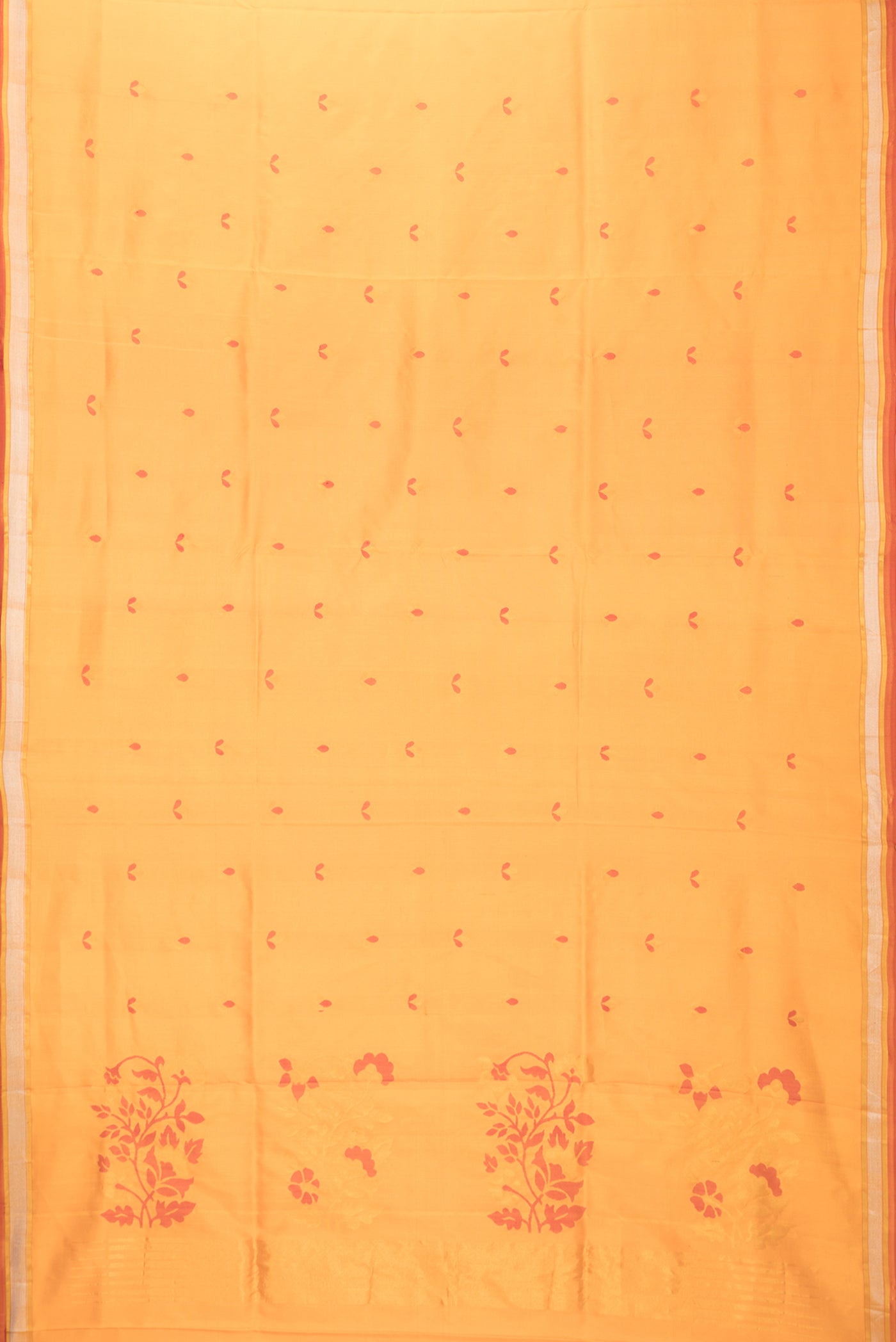 Flat view of Orange Dual Tone Uppada Silk Saree with Zari And Thread Butta on the body and Zari Border. 