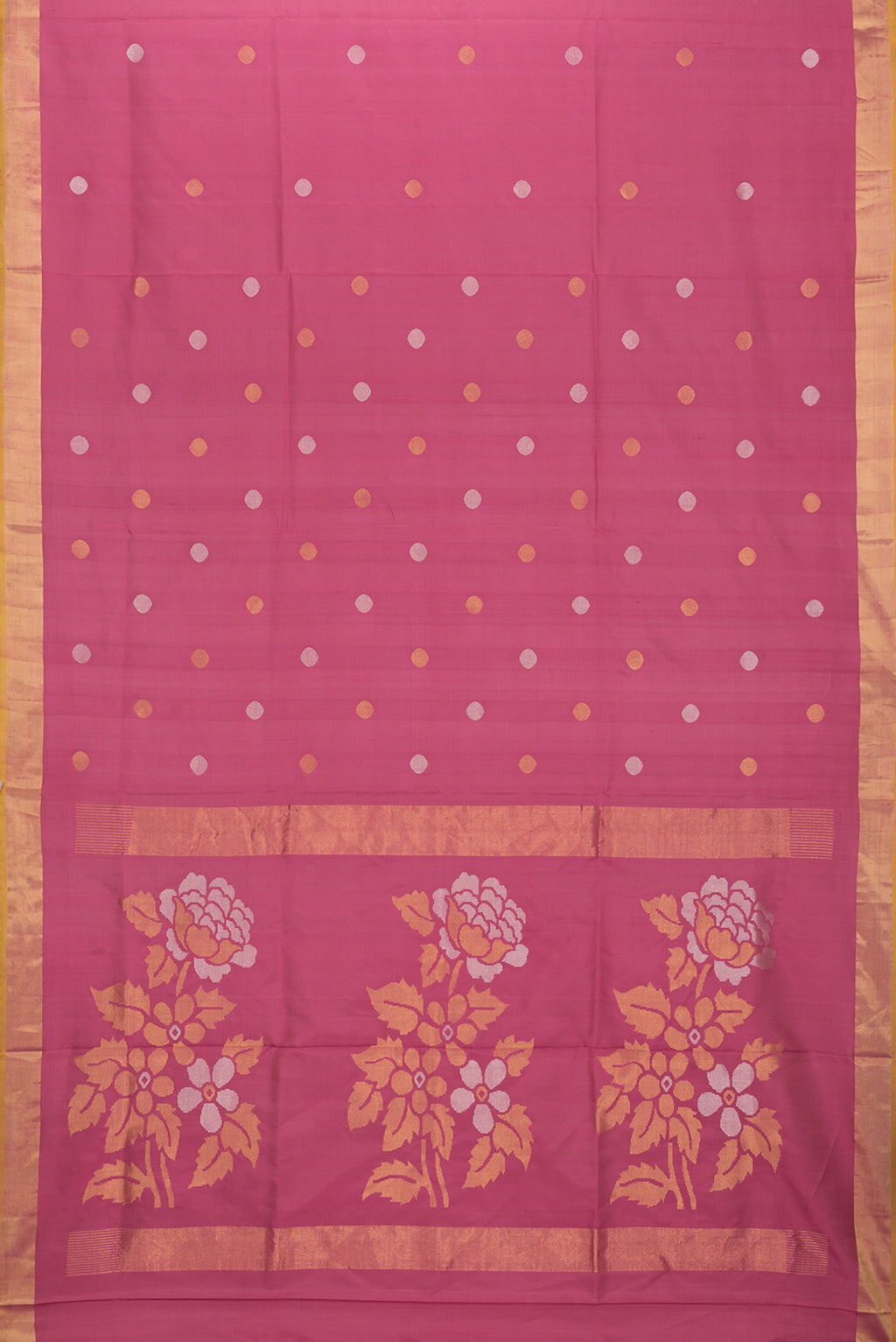 Flat view of Dark Pink Dual Tone Uppada Silk Saree with Zari And Thread Butta on the body and Zari Border. 