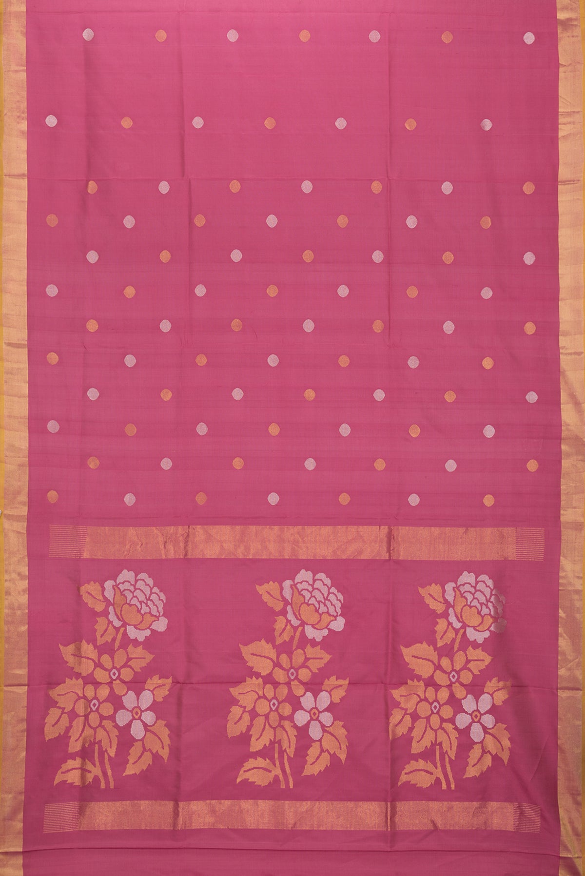 Flat view of Dark Pink Dual Tone Uppada Silk Saree with Zari And Thread Butta on the body and Zari Border. 