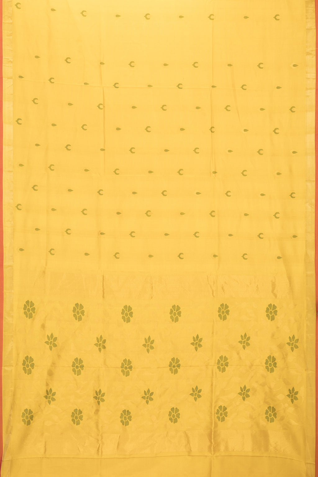 Flat view of Mustard Dual Tone Uppada Silk Saree with Zari And Thread Butta on the body and Zari Border. 