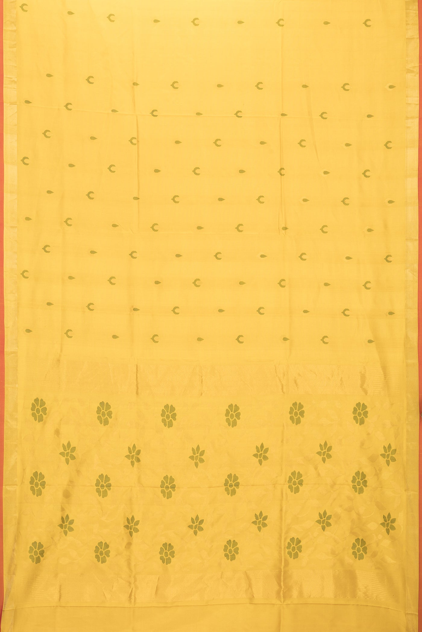 Flat view of Mustard Dual Tone Uppada Silk Saree with Zari And Thread Butta on the body and Zari Border. 