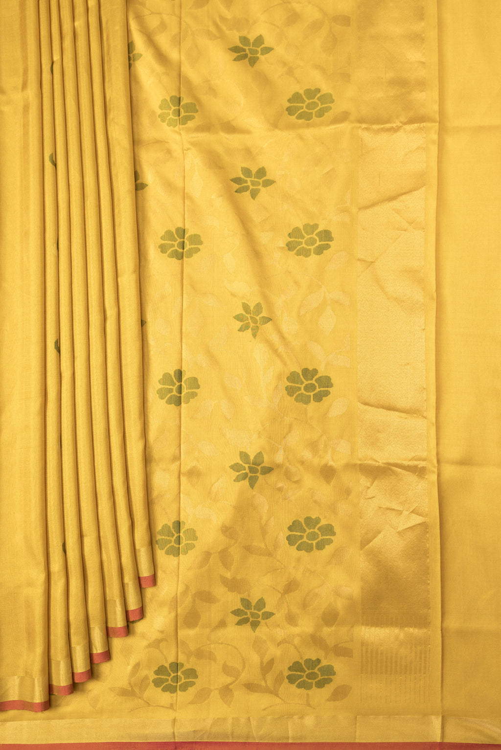 Pleats and pallu of Mustard Dual Tone Uppada Silk Saree with Zari And Thread Butta on the body and Zari Border. 