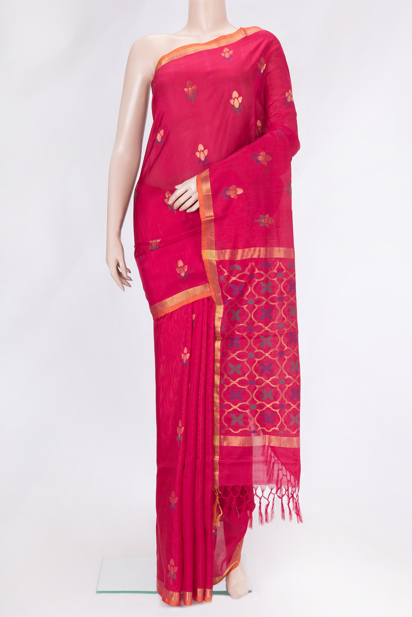 Pink Dual Tone Uppada Silk Saree with Zari And Thread Butta on the body and Zari Border.  displayed on a mannequin