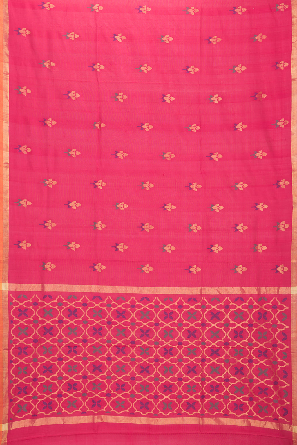 Flat view of Pink Dual Tone Uppada Silk Saree with Zari And Thread Butta on the body and Zari Border. 