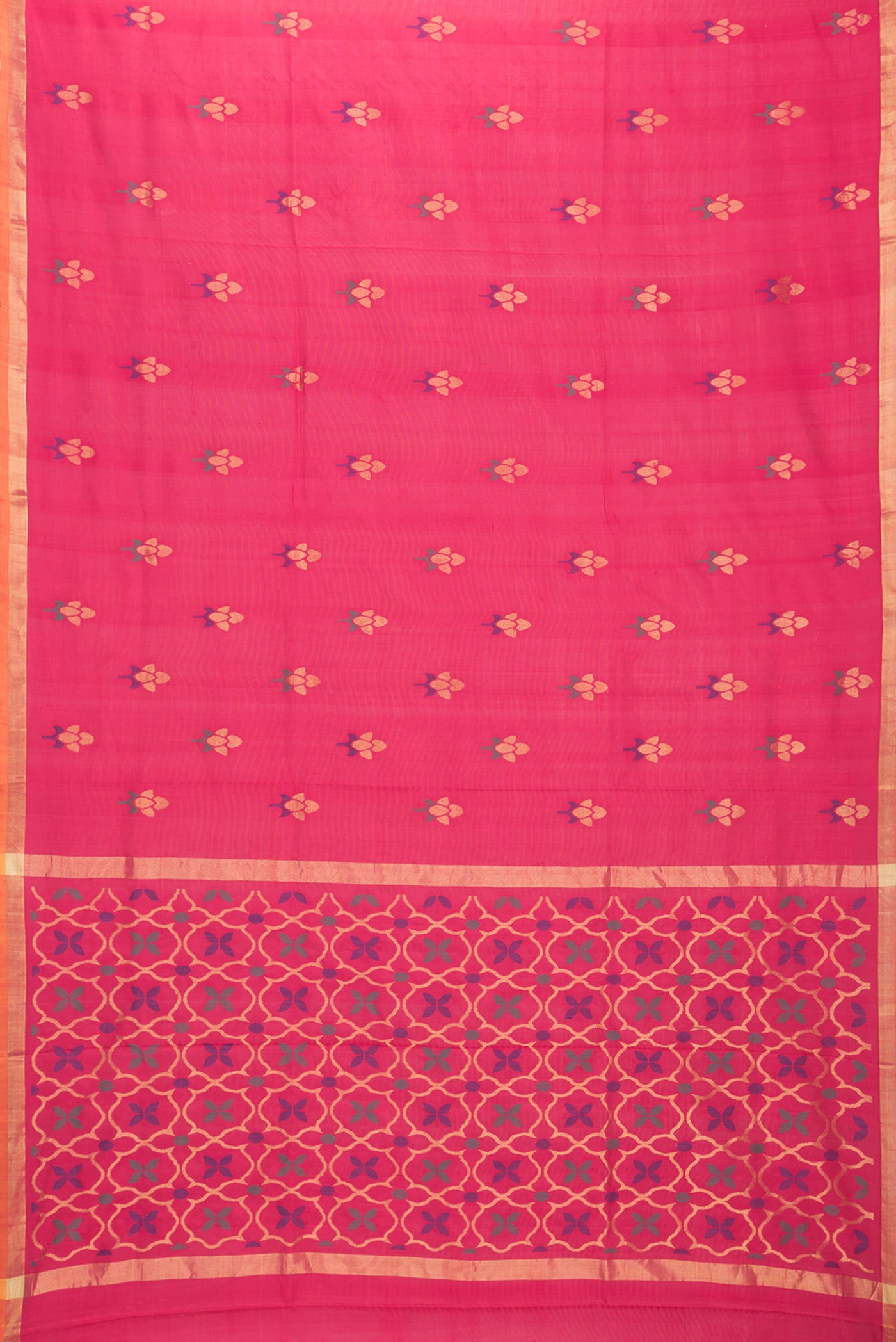 Flat view of Pink Dual Tone Uppada Silk Saree with Zari And Thread Butta on the body and Zari Border. 