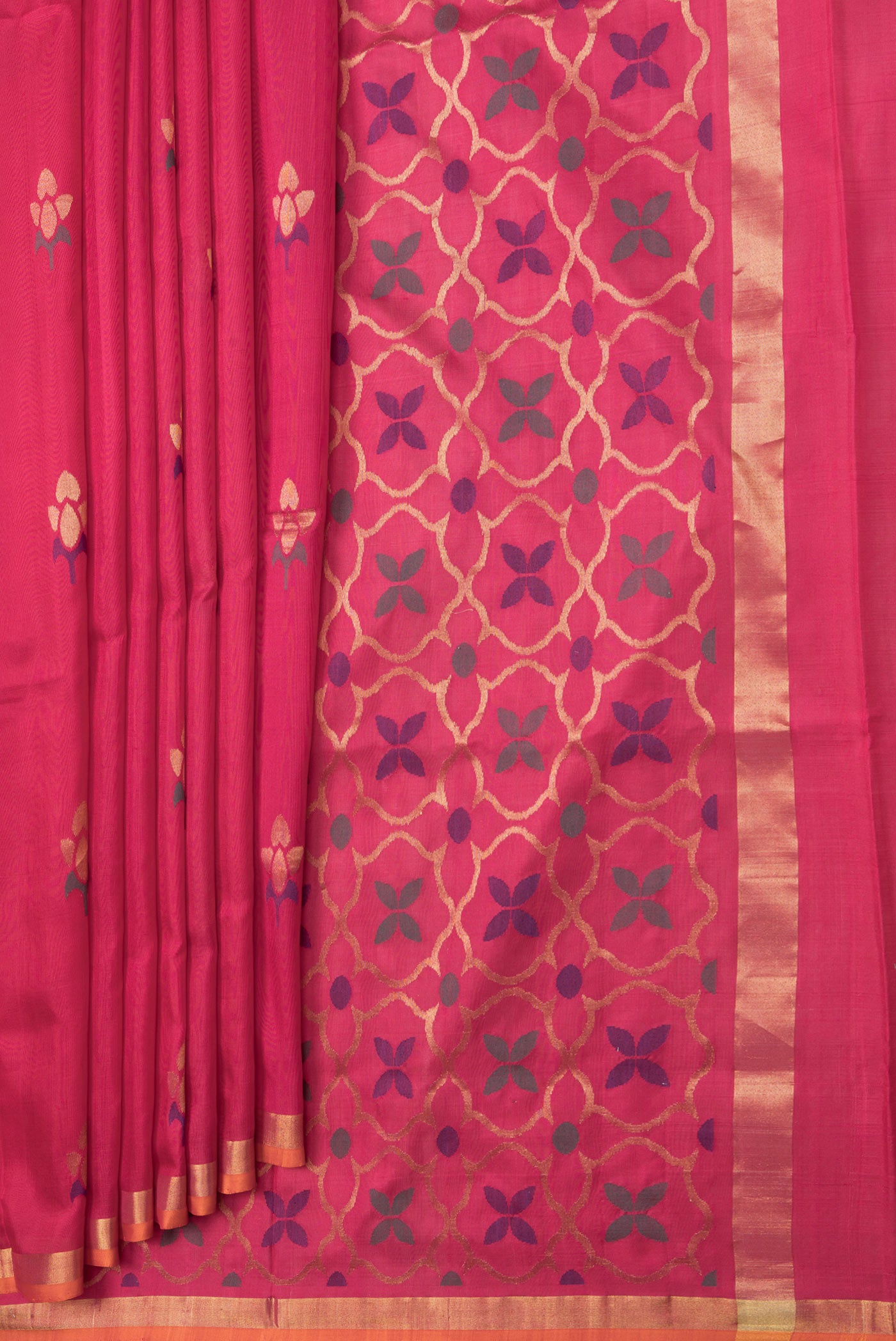 Pleats and pallu of Pink Dual Tone Uppada Silk Saree with Zari And Thread Butta on the body and Zari Border. 