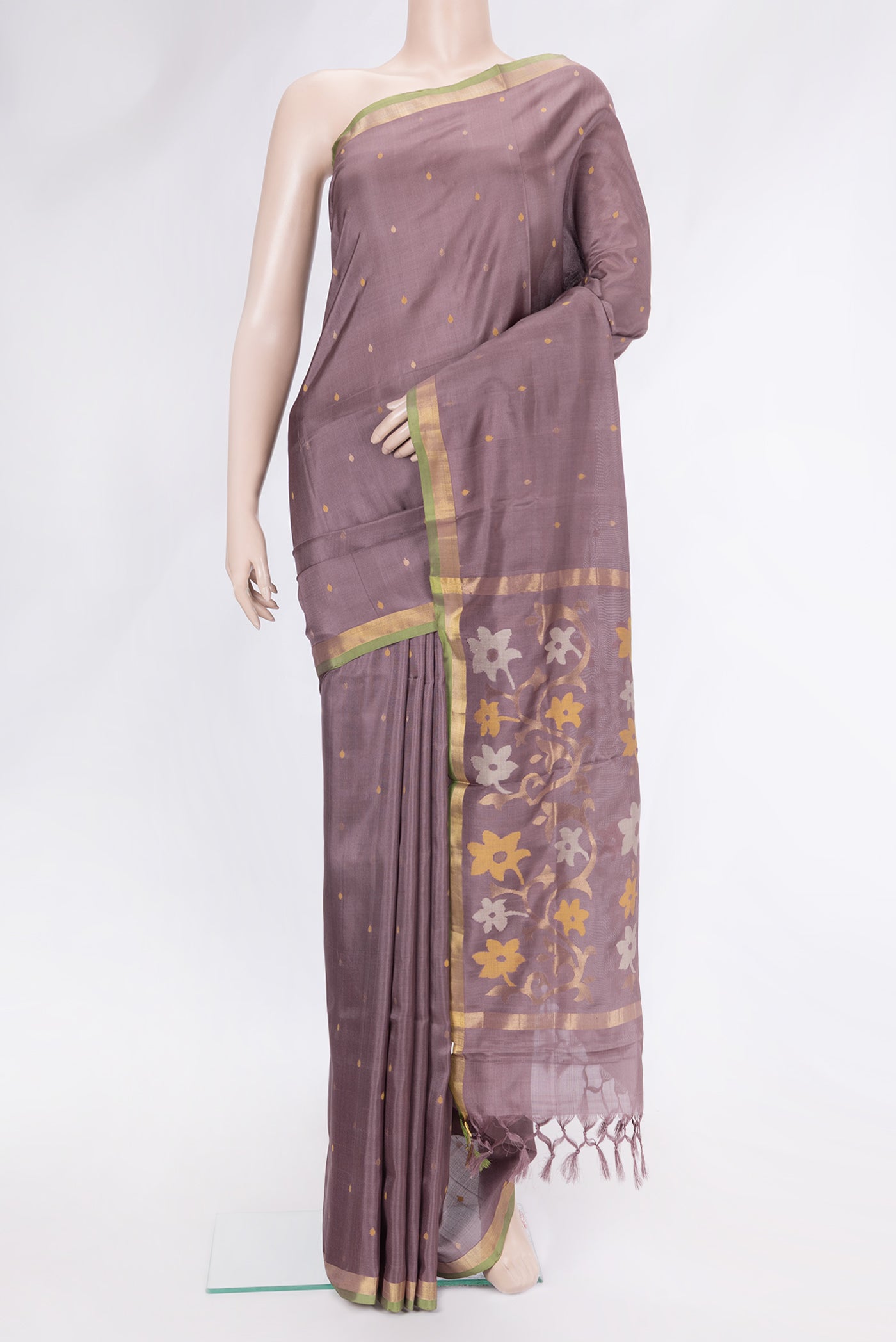 Purple Dual Tone Uppada Silk Saree with Zari And Thread Butta on the body and Zari Border.  displayed on a mannequin