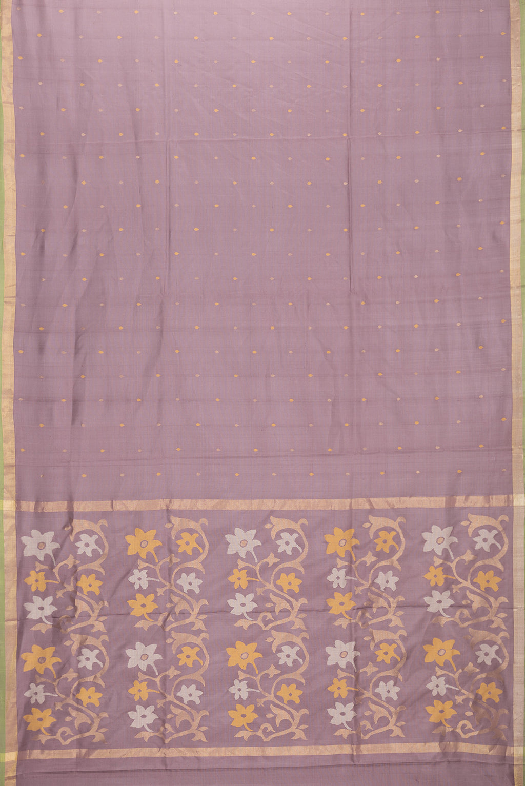 Flat view of Purple Dual Tone Uppada Silk Saree with Zari And Thread Butta on the body and Zari Border. 