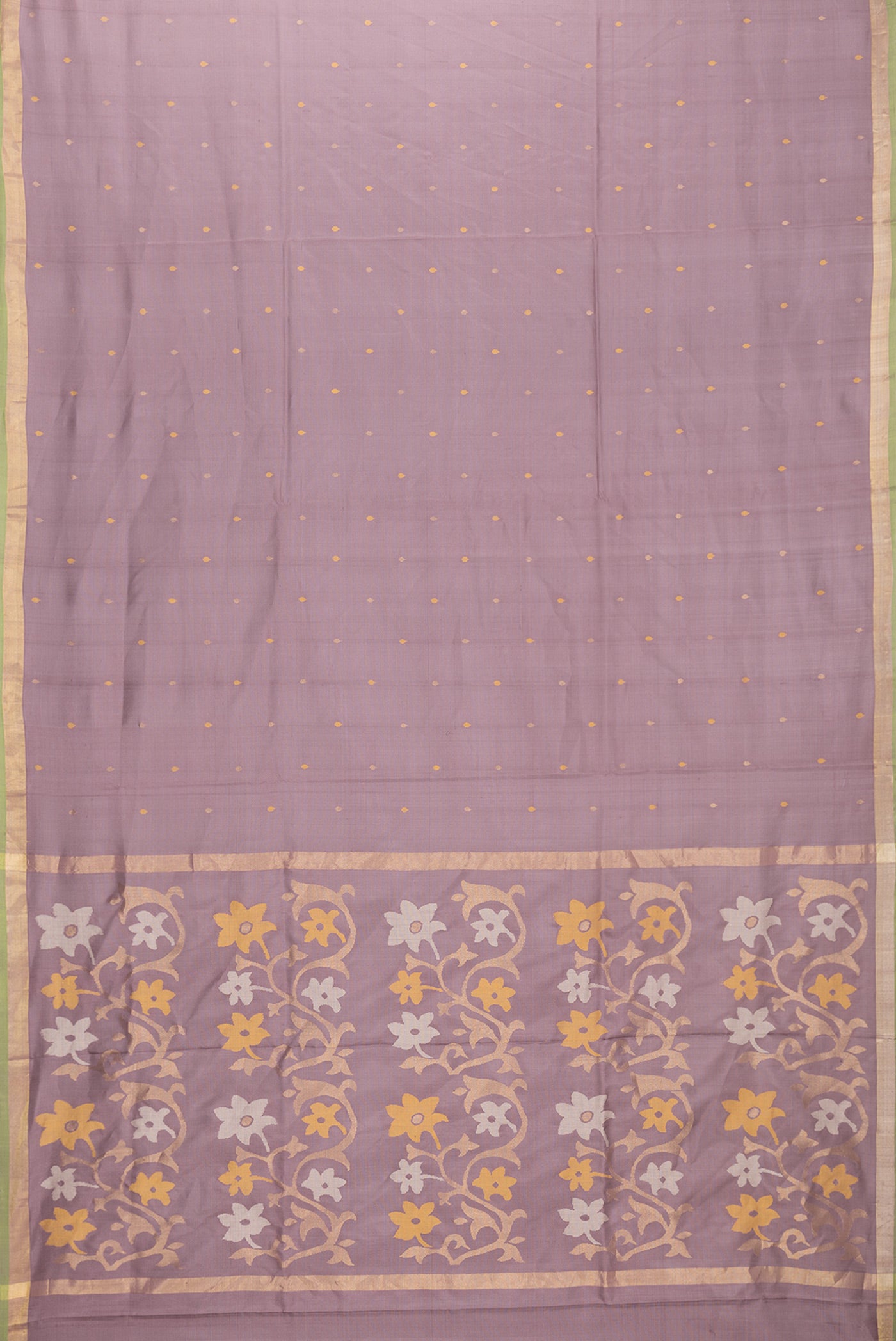 Flat view of Purple Dual Tone Uppada Silk Saree with Zari And Thread Butta on the body and Zari Border. 