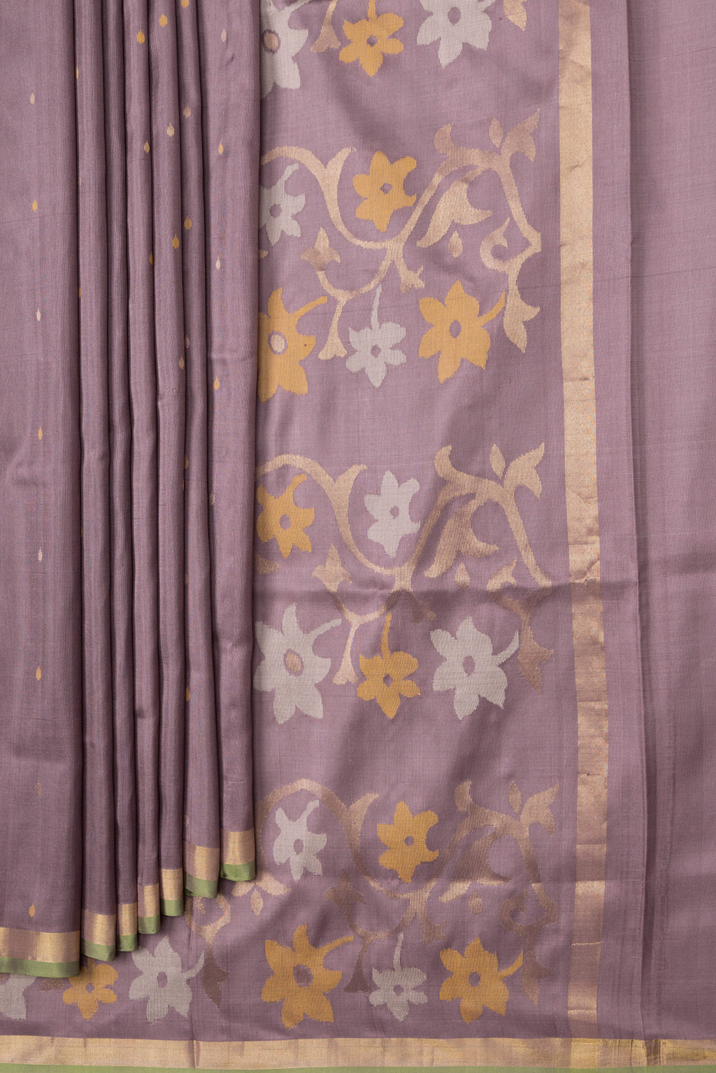 Pleats and pallu of Purple Dual Tone Uppada Silk Saree with Zari And Thread Butta on the body and Zari Border. 