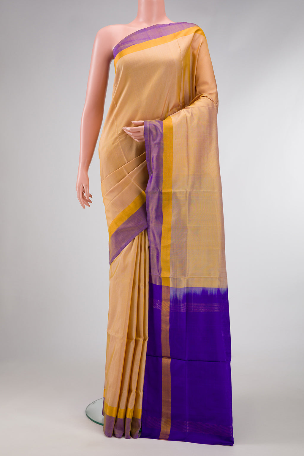 Sandal Dual Tone Uppada Silk Saree with Plain Body and Zari Border.  displayed on a mannequin