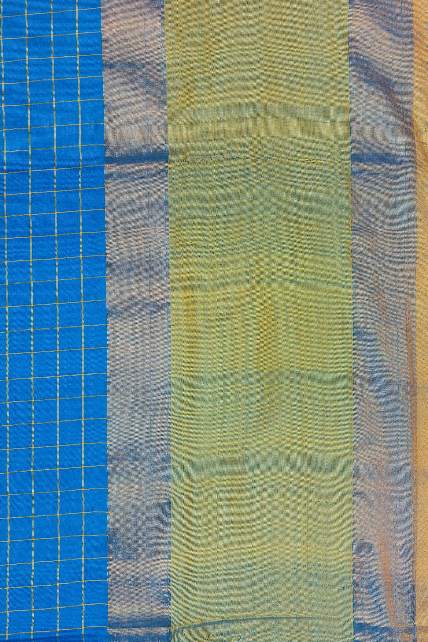 Border image of Peacock Blue Dual Tone Soft Silk Saree with Checked design on the body and Zari Border. 