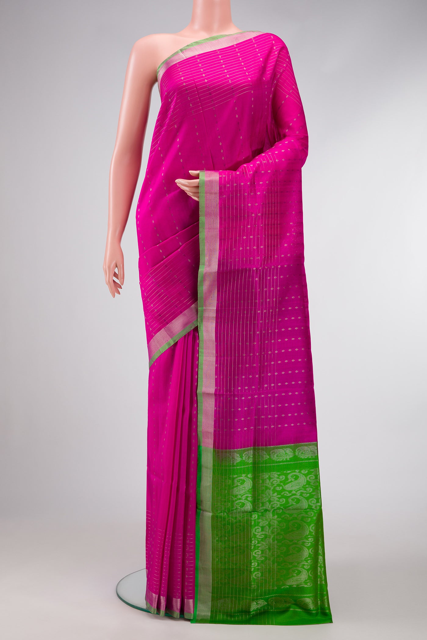 Dark Pink Dual Tone Uppada Silk Saree with Zari Butta on the body and Zari Border.  displayed on a mannequin