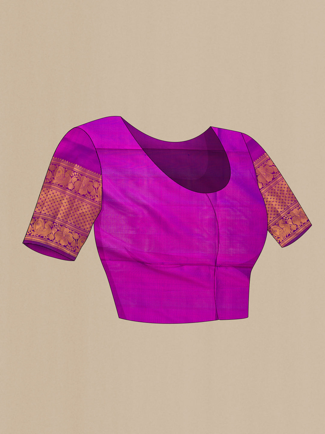 Close up image of the blouse of Pink Dual Tone Uppada Silk Saree with Zari And Thread Butta on the body and Zari Border. 