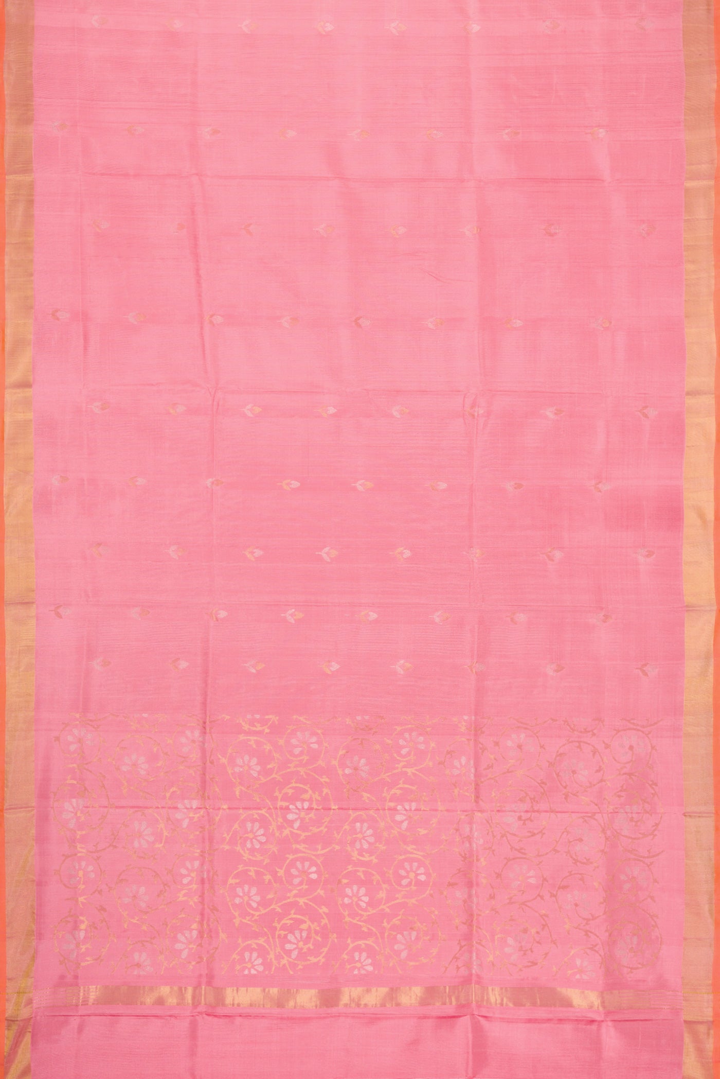 Flat view of Pink Dual Tone Uppada Silk Saree with Zari And Thread Butta on the body and Zari Border. 