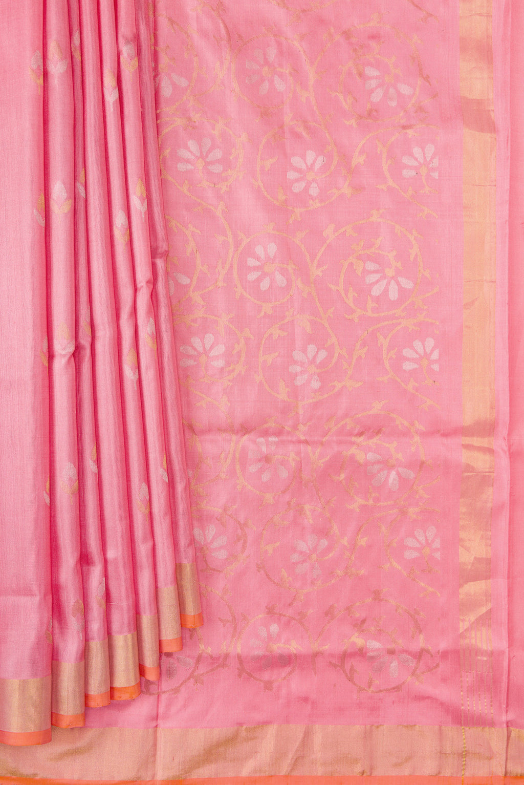 Pleats and pallu of Pink Dual Tone Uppada Silk Saree with Zari And Thread Butta on the body and Zari Border. 