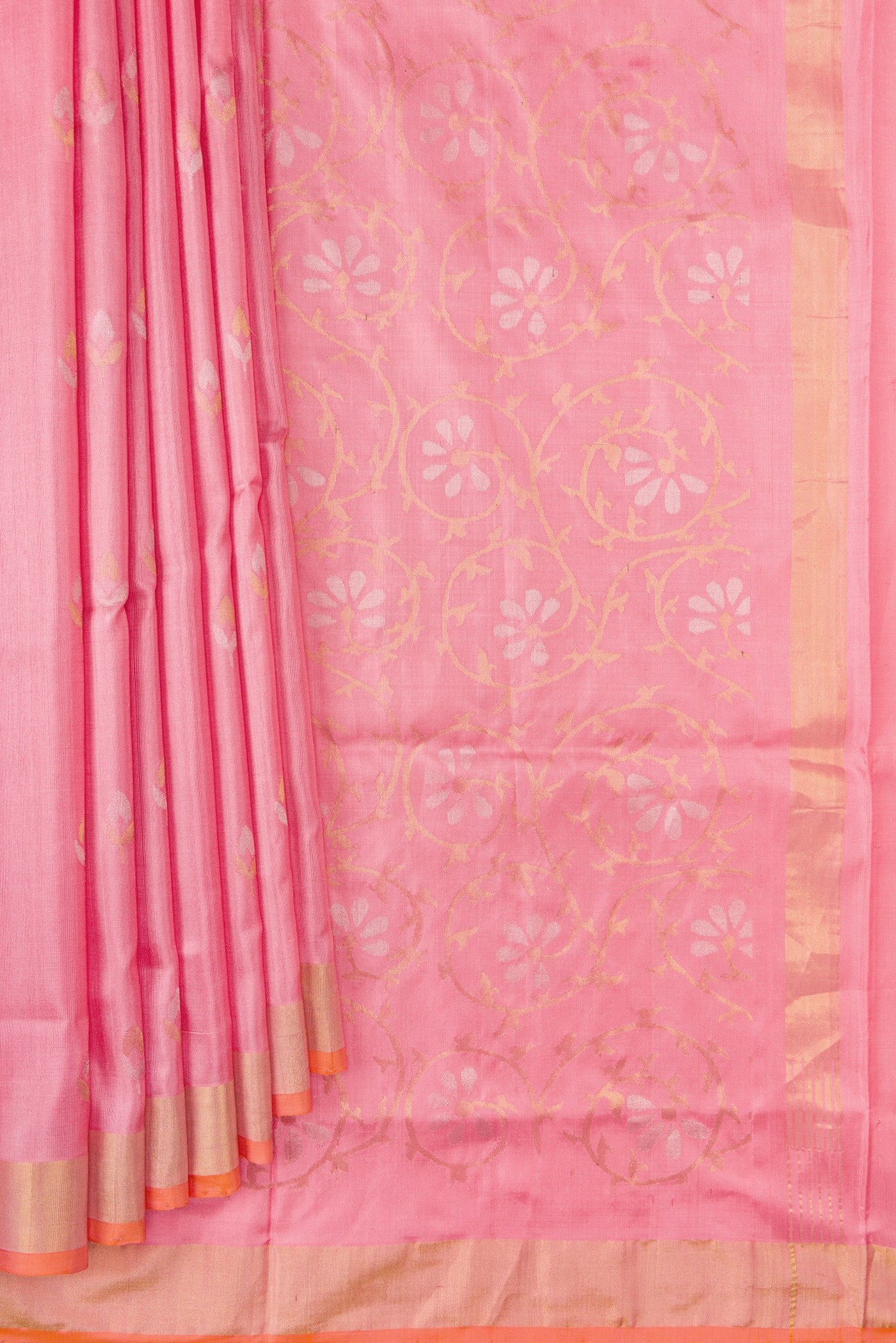 Pleats and pallu of Pink Dual Tone Uppada Silk Saree with Zari And Thread Butta on the body and Zari Border. 