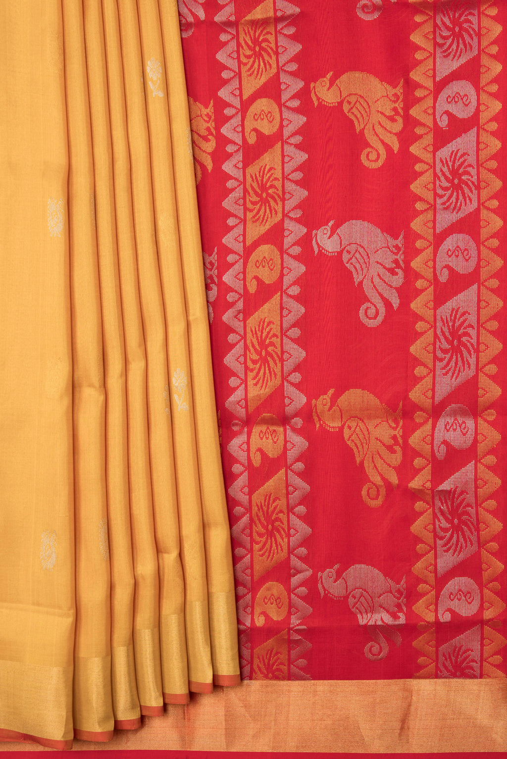Pleats and pallu of Mustard Dual Tone Uppada Silk Saree with Zari Butta on the body and Zari Border. 