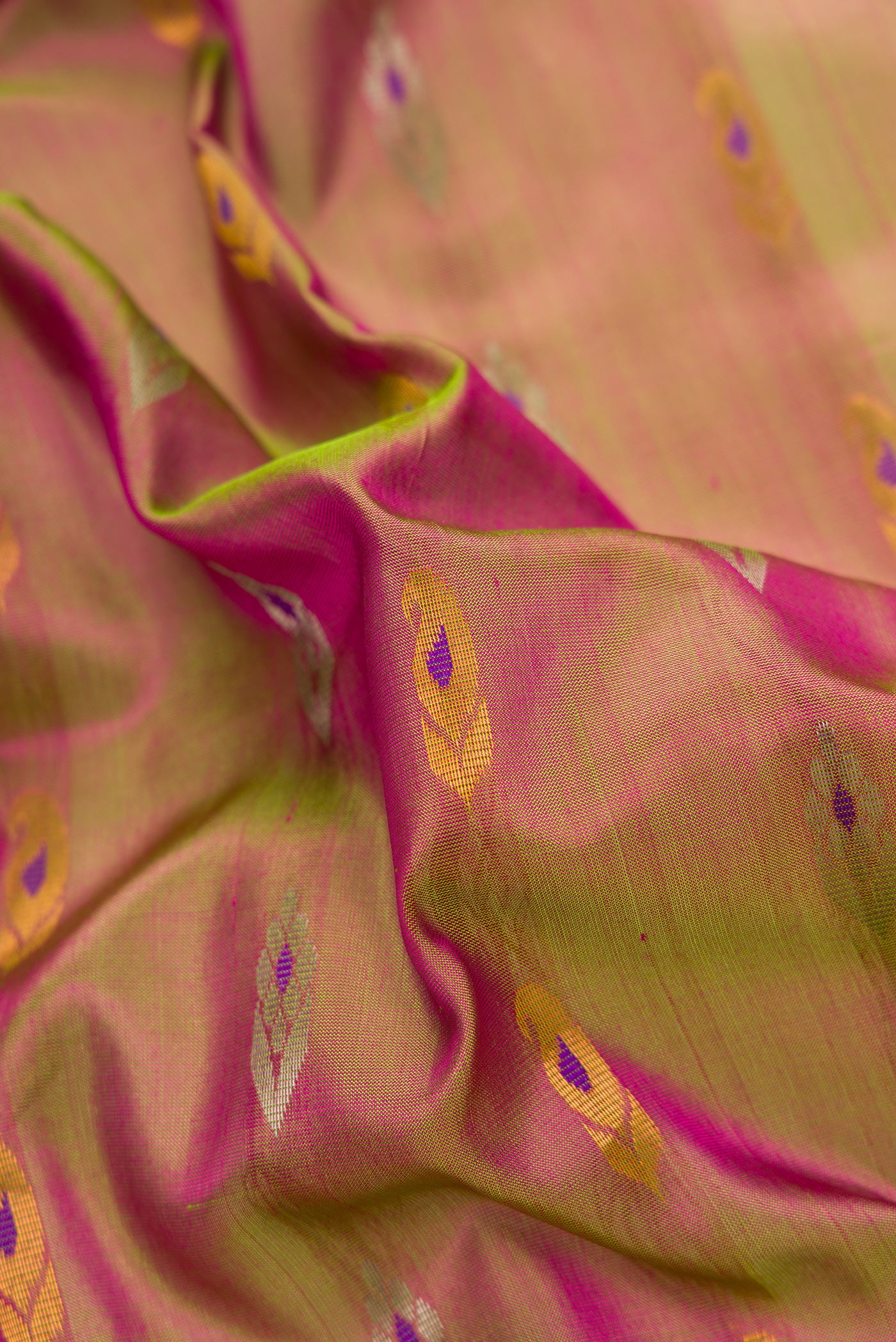 Close up of Green Dual Tone Uppada Silk Saree with Zari Butta on the body and Zari Border.  displaying folds