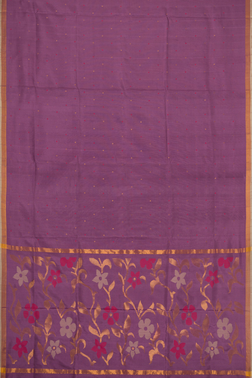 Flat view of Lavender Dual Tone Uppada Silk Saree with Zari And Thread Butta on the body and Zari Border. 
