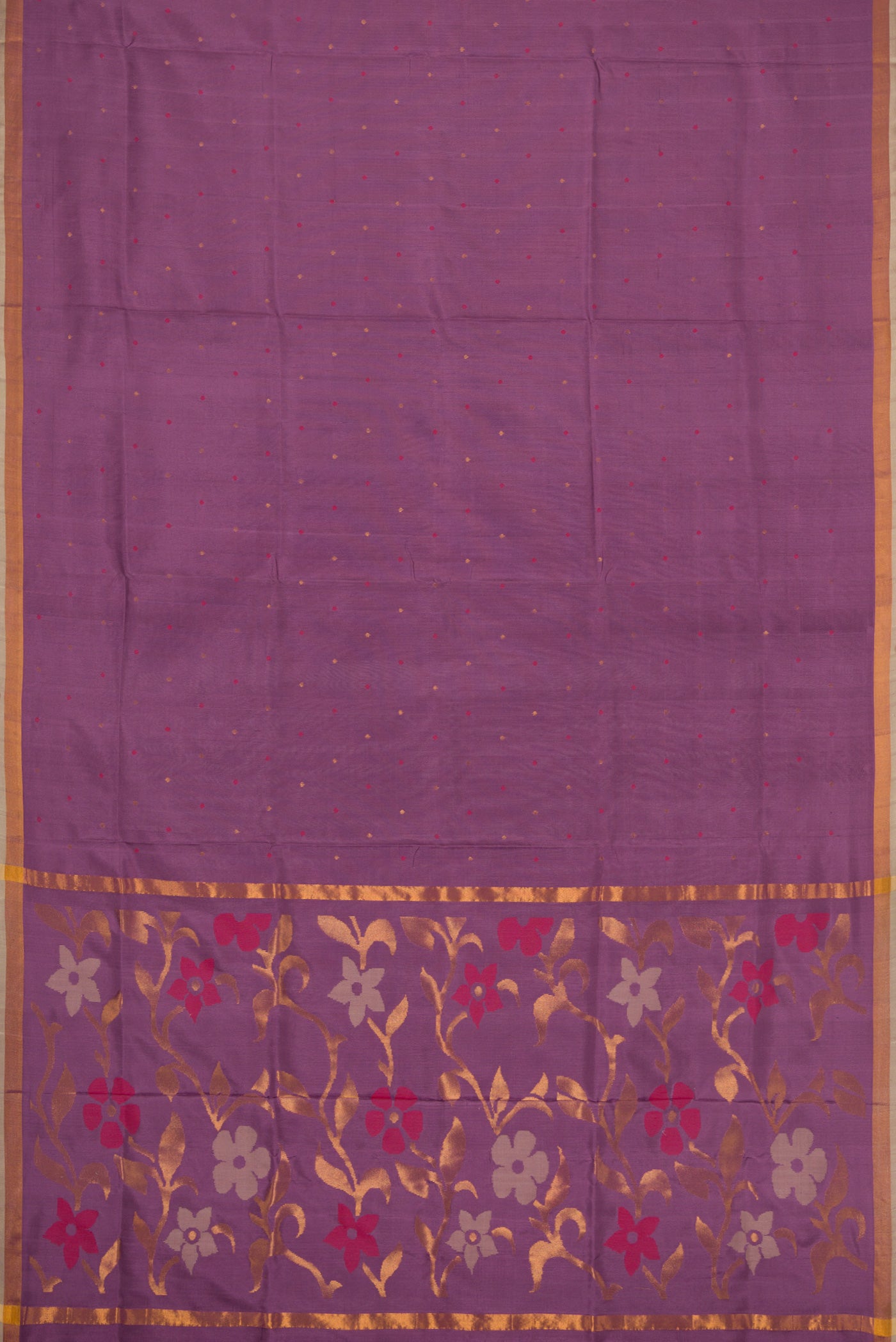 Flat view of Lavender Dual Tone Uppada Silk Saree with Zari And Thread Butta on the body and Zari Border. 