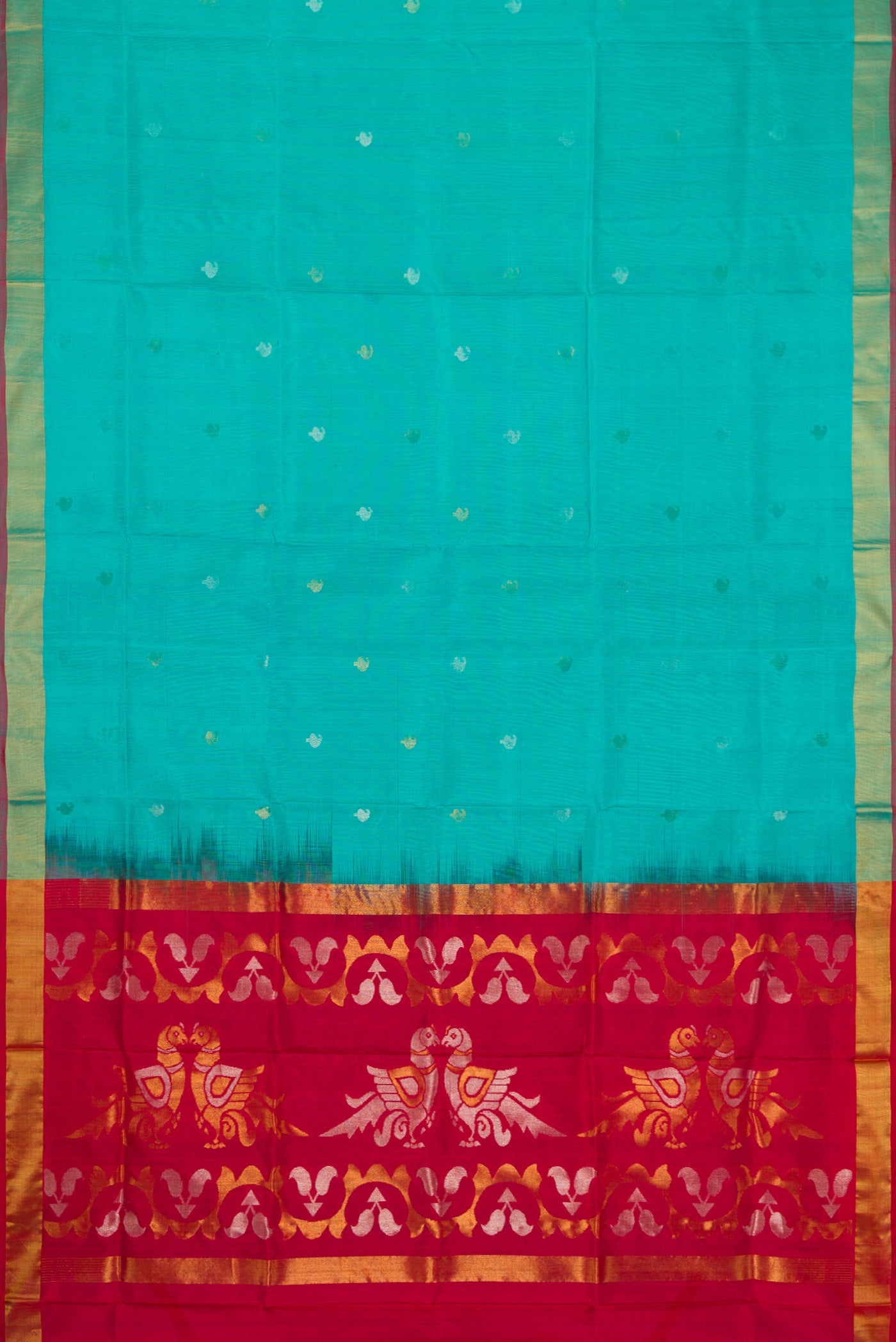 Flat view of Sea Green Dual Tone Uppada Silk Saree with Zari Butta on the body and Zari Border. 