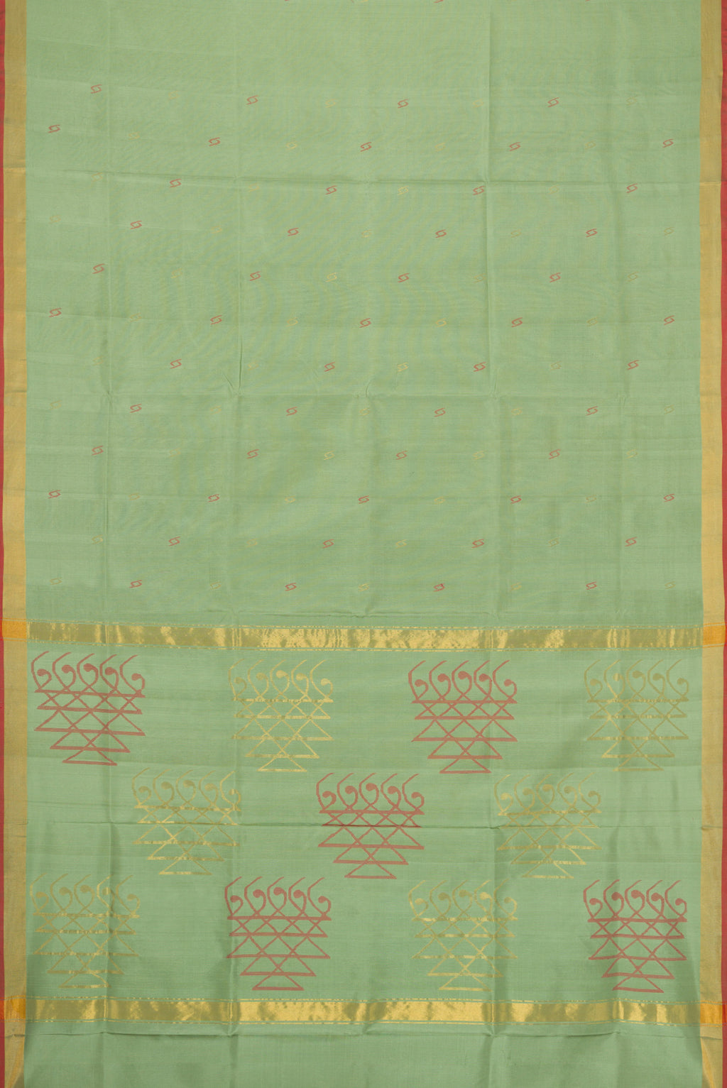Flat view of Pista Green Dual Tone Uppada Silk Saree with Zari And Thread Butta on the body and Zari Border. 