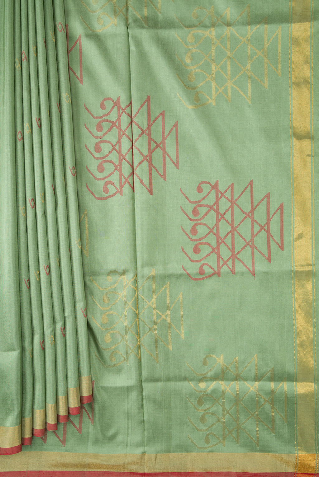 Pleats and pallu of Pista Green Dual Tone Uppada Silk Saree with Zari And Thread Butta on the body and Zari Border. 