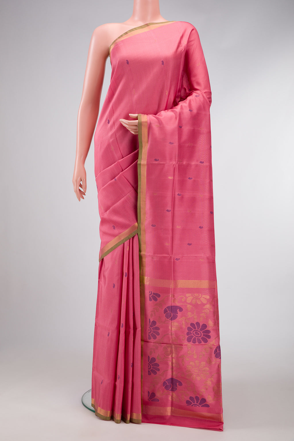 Pink Dual Tone Uppada Silk Saree with Zari And Thread Butta on the body and Zari Border.  displayed on a mannequin