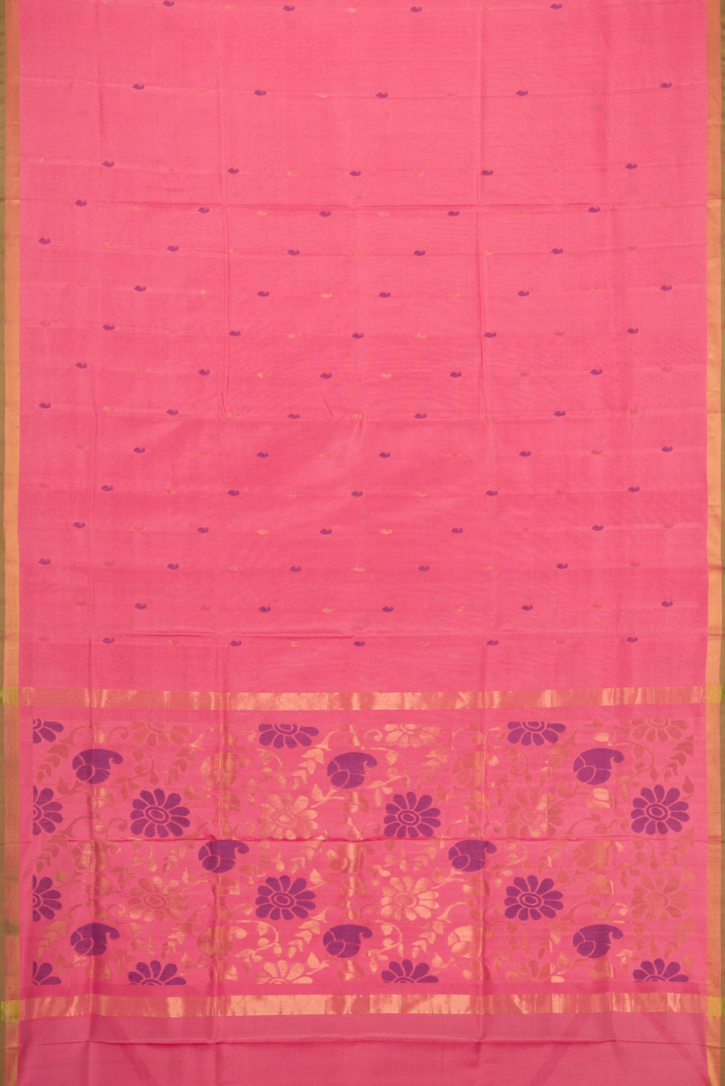 Flat view of Pink Dual Tone Uppada Silk Saree with Zari And Thread Butta on the body and Zari Border. 