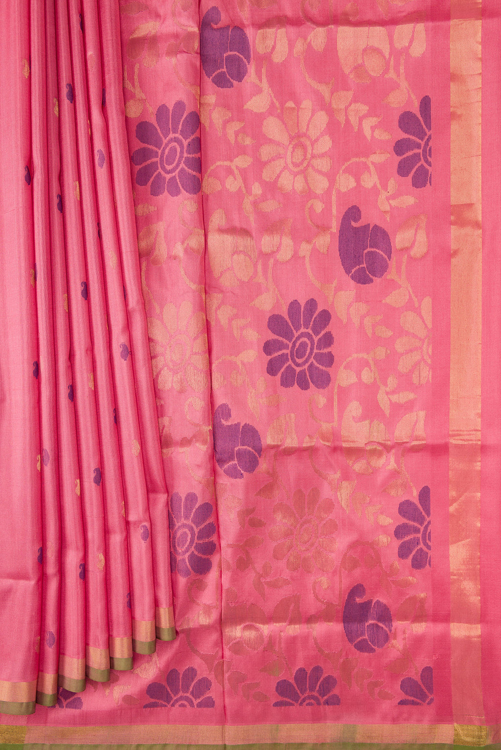 Pleats and pallu of Pink Dual Tone Uppada Silk Saree with Zari And Thread Butta on the body and Zari Border. 