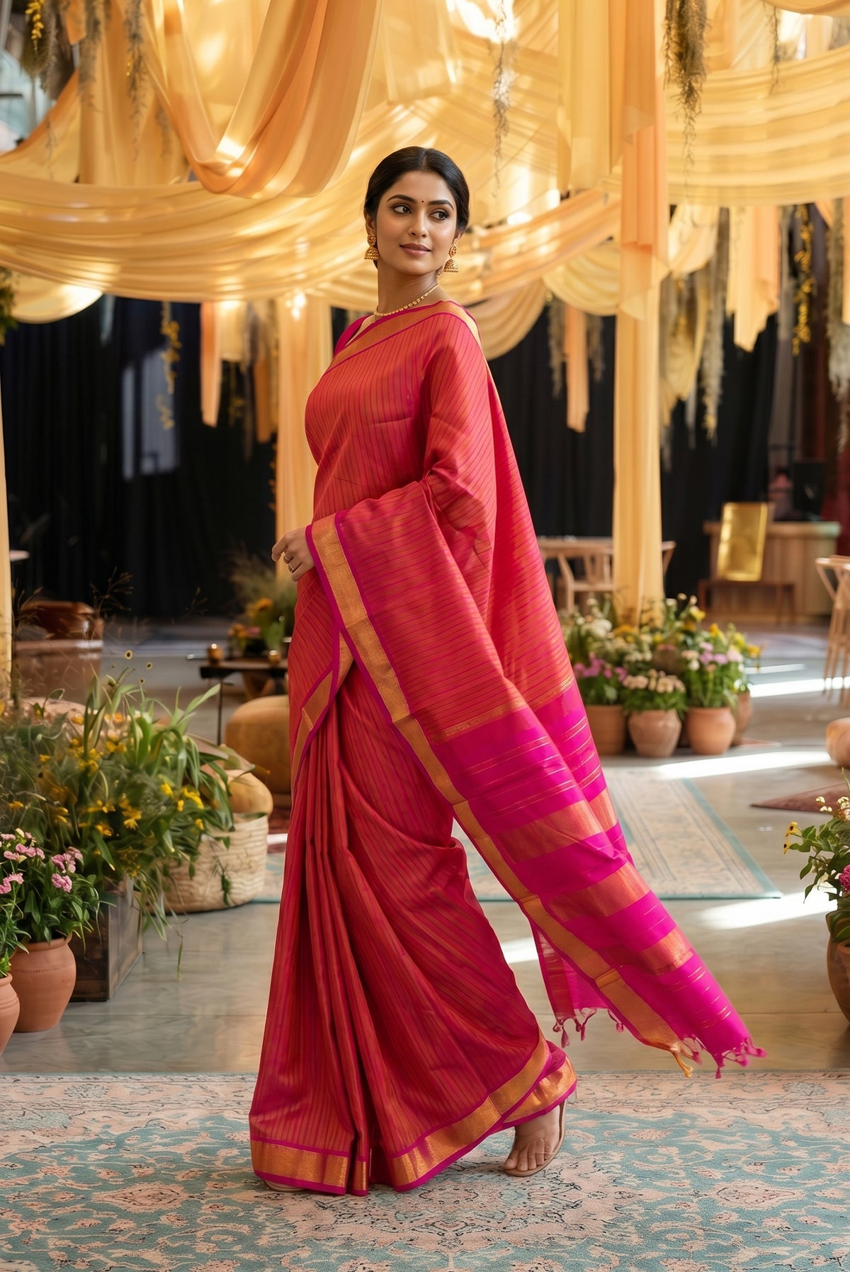 Model wearing a Dark Mauve Dual Tone Kanchipuram Silk Saree with Stripes on the body and Zari Border.