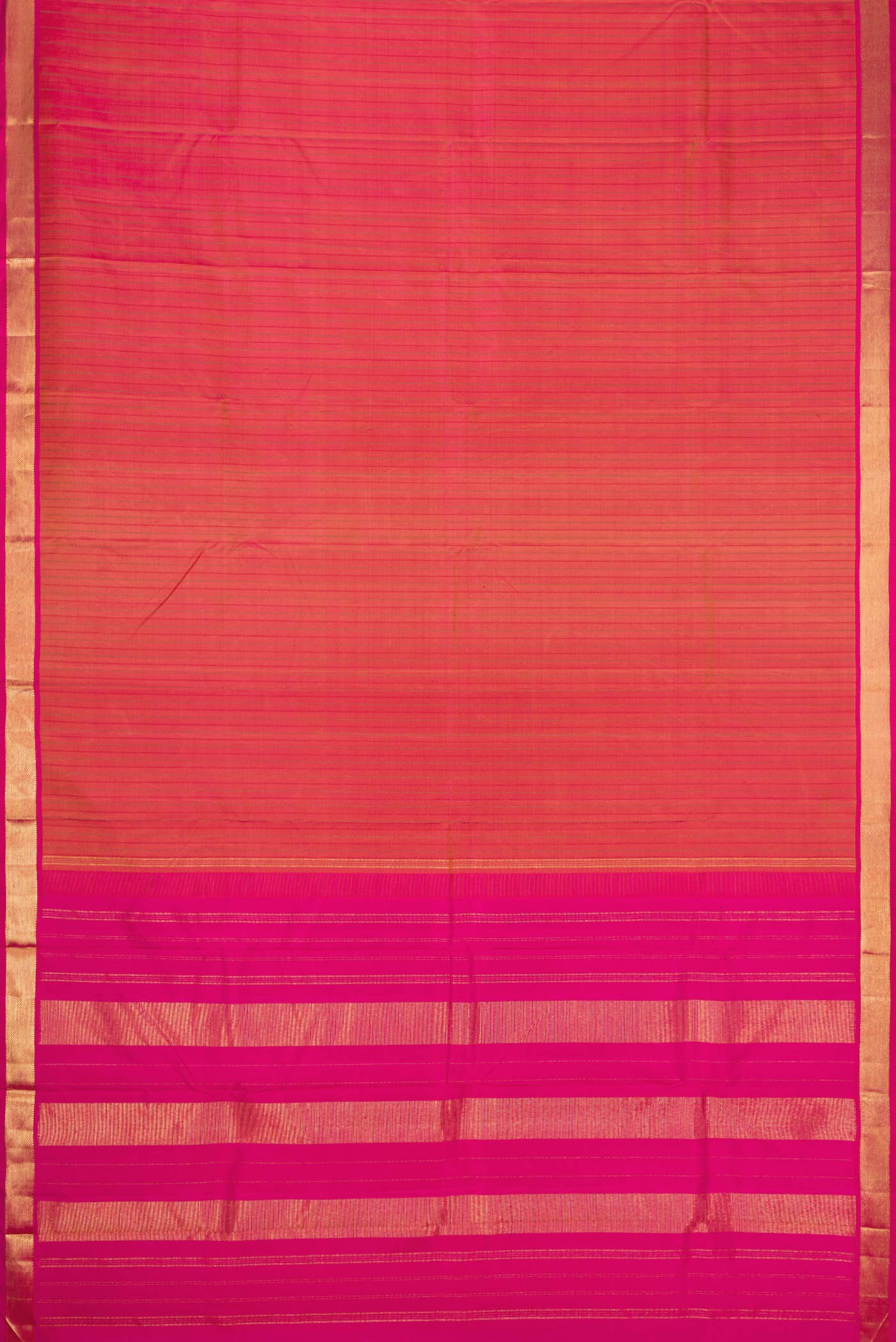 Flat view of Dark Mauve Dual Tone Kanchipuram Silk Saree with Stripes on the body and Zari Border. 