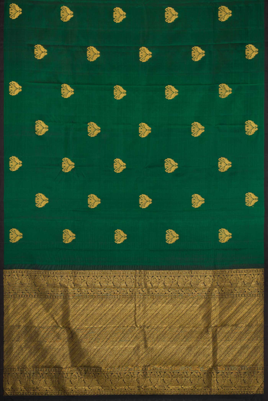 Flat view of Bottle Green Dual Tone Kanchipuram Silk Saree with Zari Butta on the body and Plain Border. 