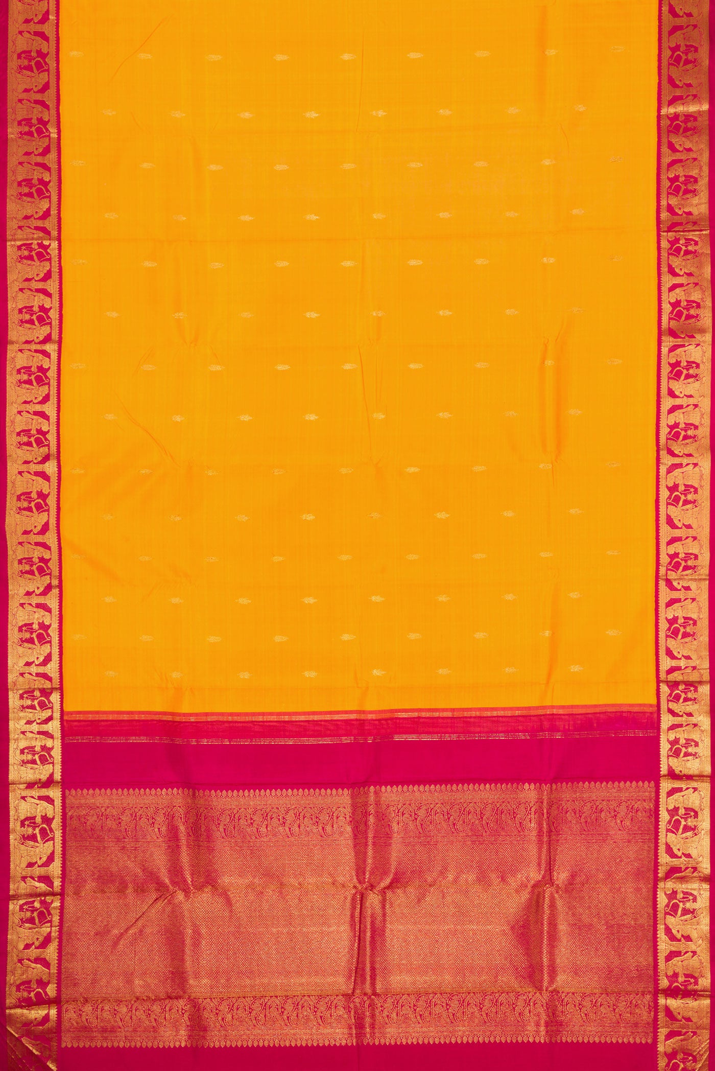 Flat view of Pure Silk Pure Zari Orange Dual Tone Kanjivaram Saree with Zari Butta on the body and Zari Border. 