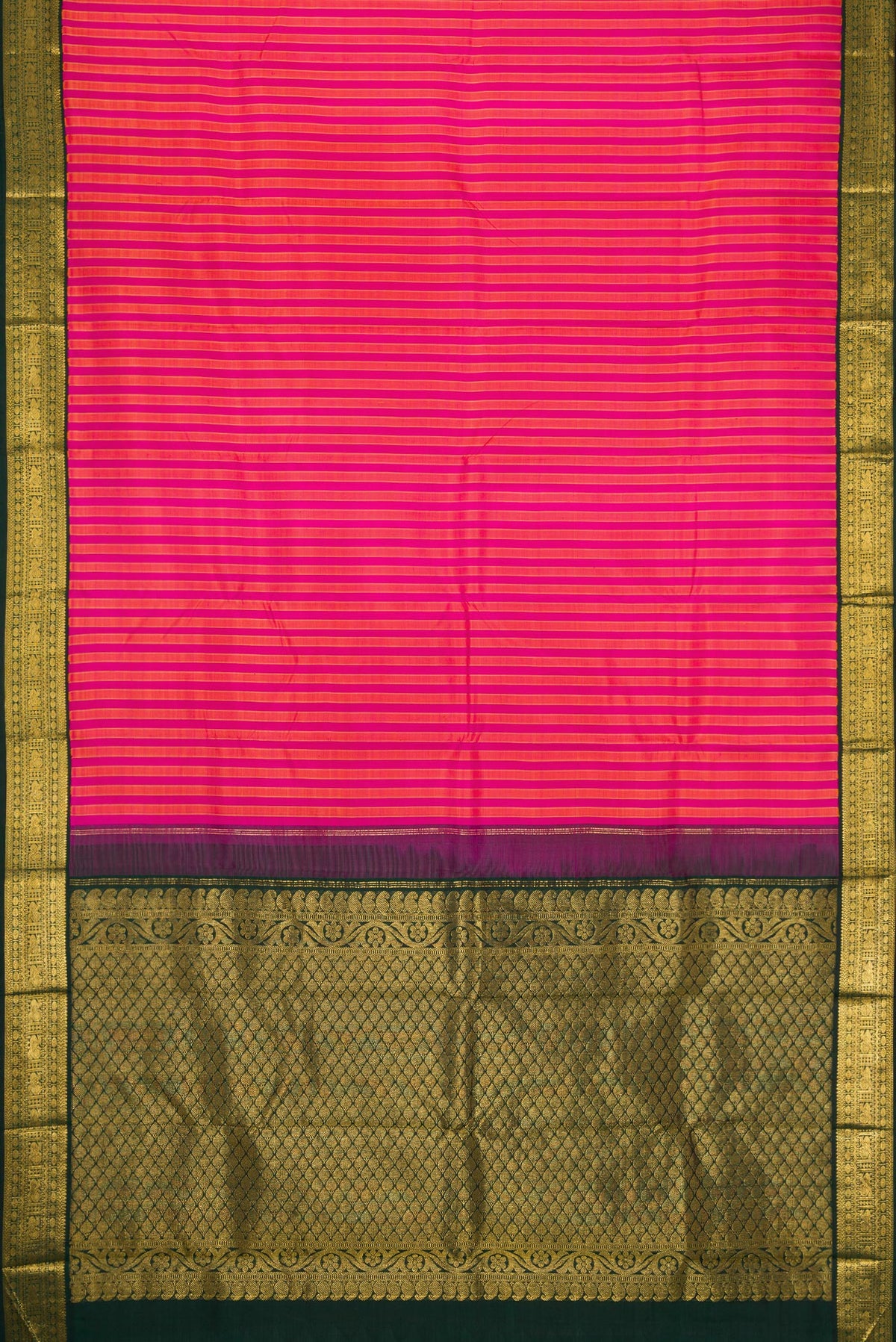 Flat view of Pink Dual Tone Kanjivaram Silk Saree with Stripes on the body and Zari Border. 