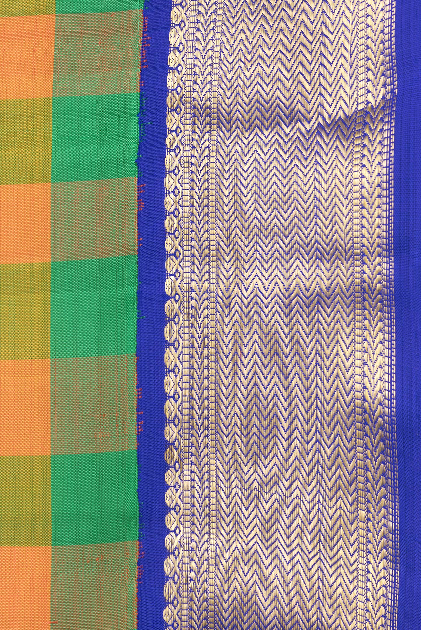 Border image of Green and Orange Color Kanjivaram Silk Saree with Checked design on the body and Zari Border. 